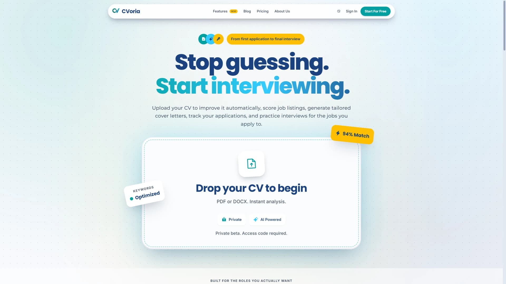 CVoria feature page showing CV analysis, cover letters, job tracking, LinkedIn optimization, and interview practice