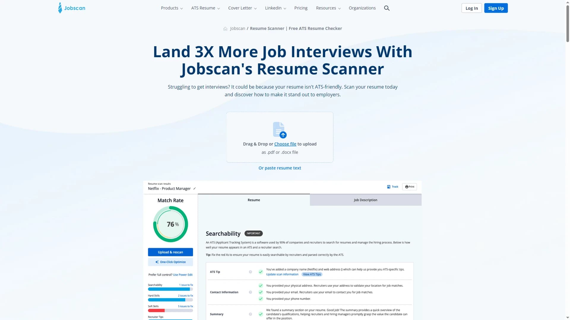 Jobscan resume scanner page showing resume and job description keyword matching
