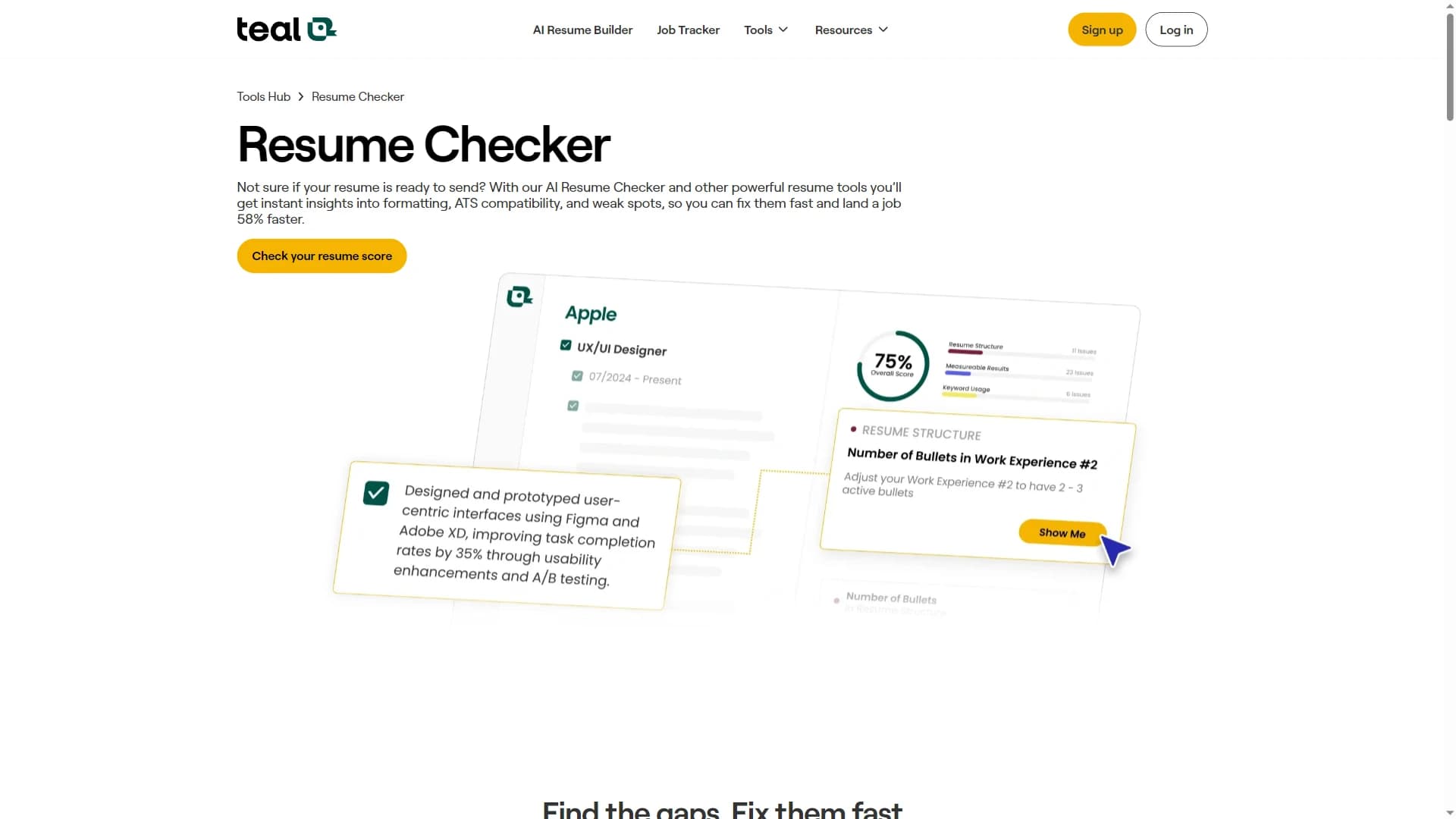 Teal resume checker page showing resume score and ATS checks