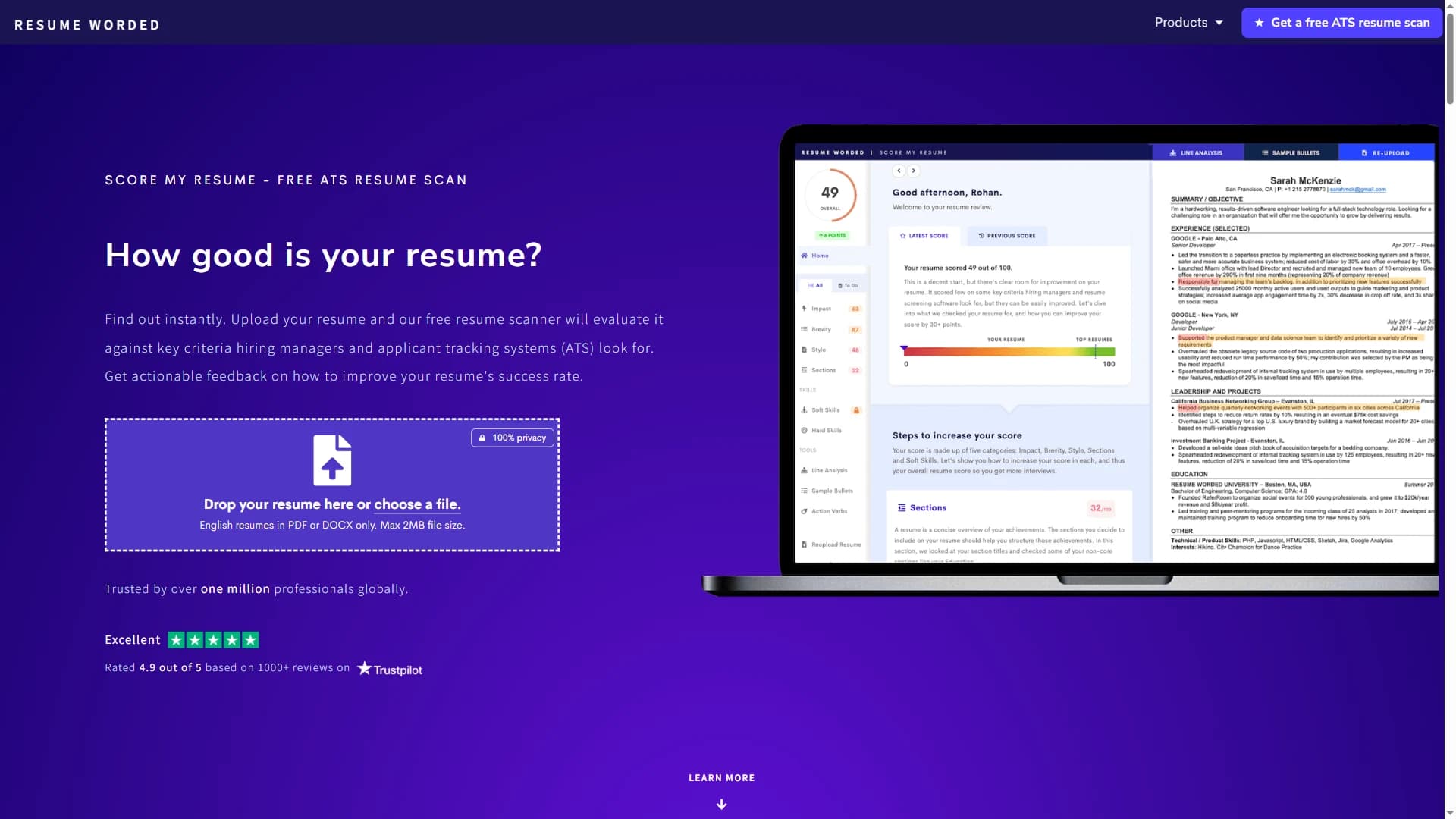 Resume Worded resume scanner page showing ATS resume review