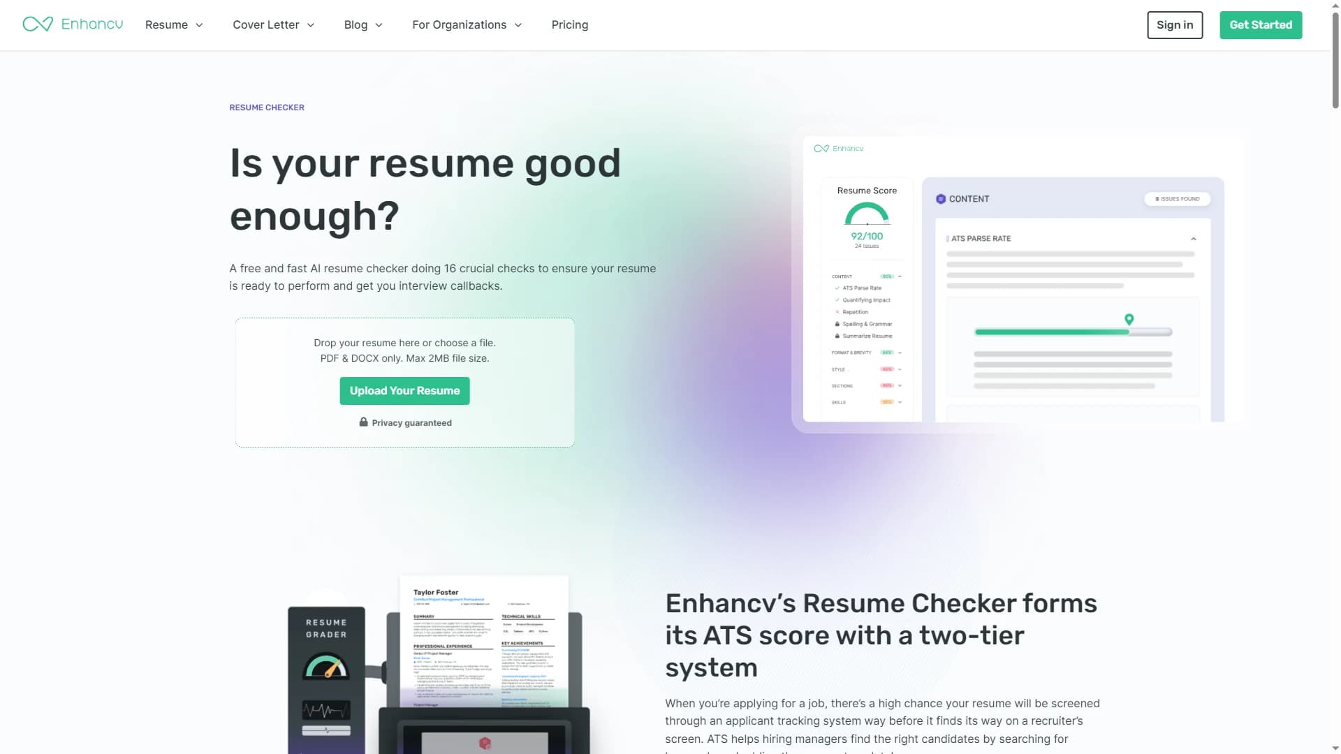 Enhancv resume checker page showing AI resume feedback and ATS checks