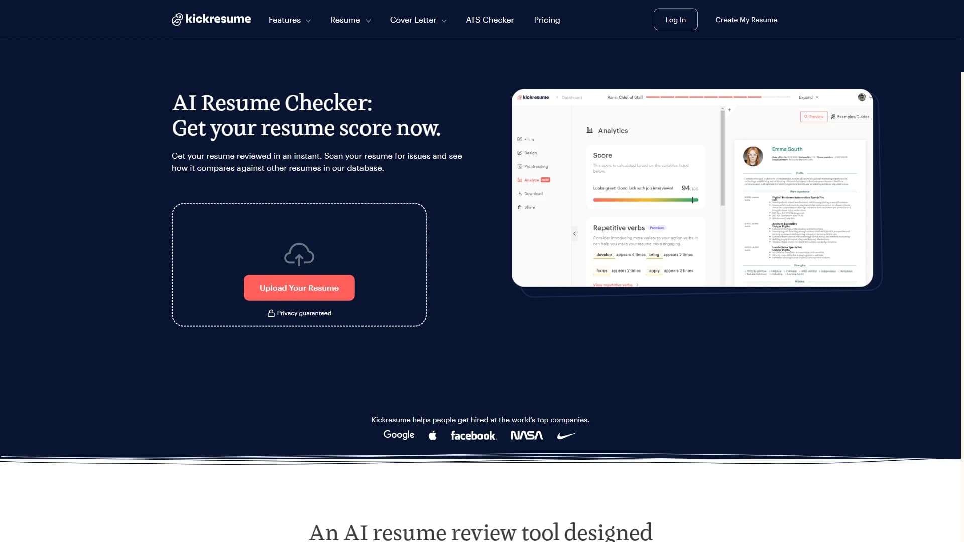 Kickresume AI resume checker page showing resume score and AI feedback