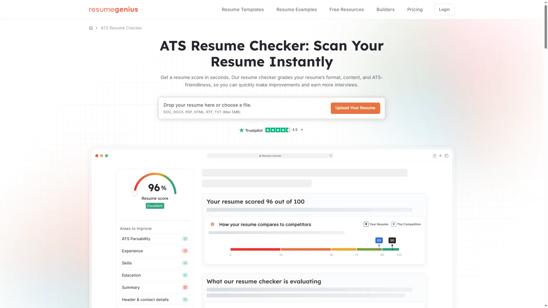 Resume Genius resume checker page showing ATS resume scoring and improvement suggestions