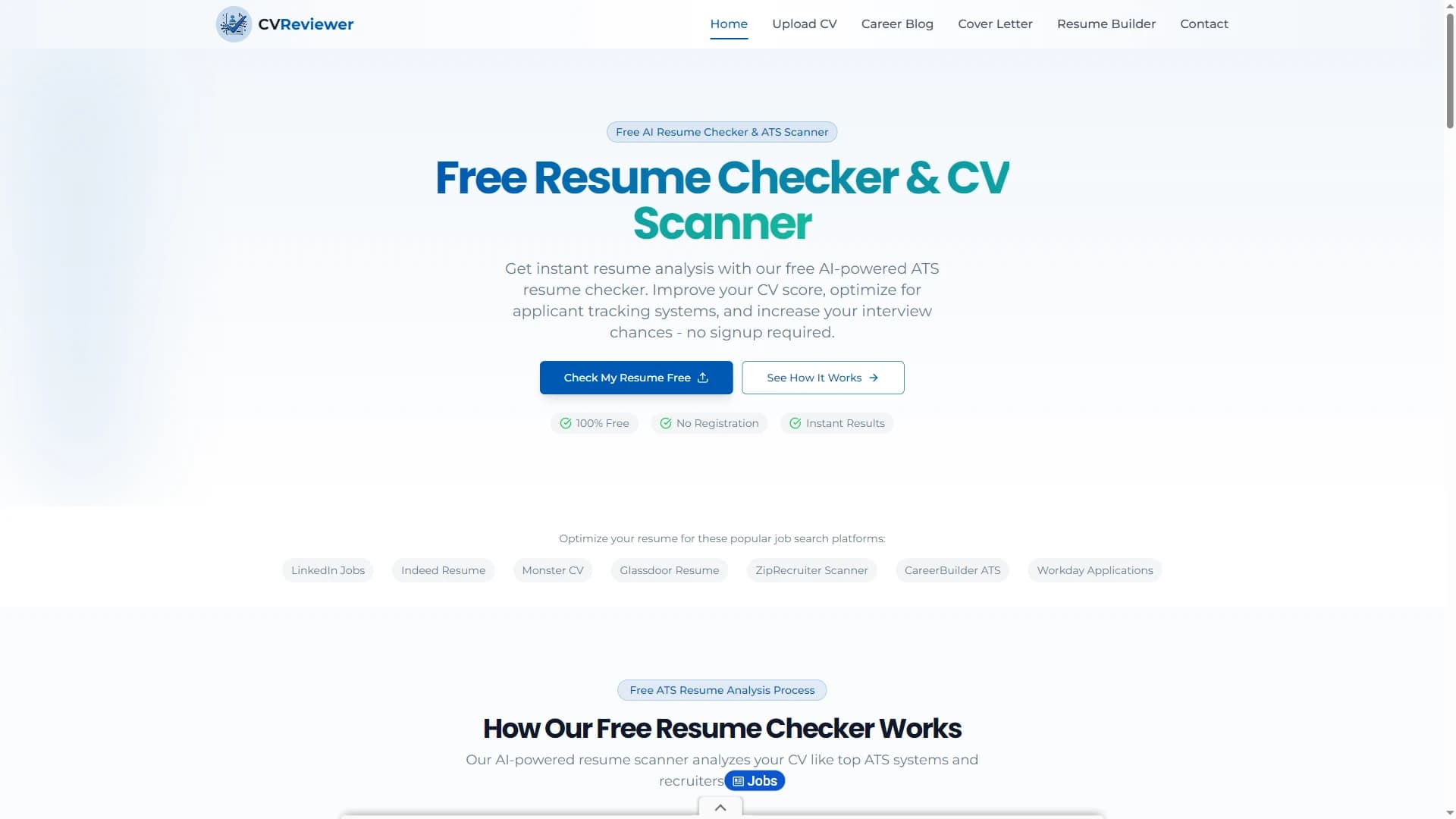 CV Reviewer page showing free AI ATS resume checker and resume score
