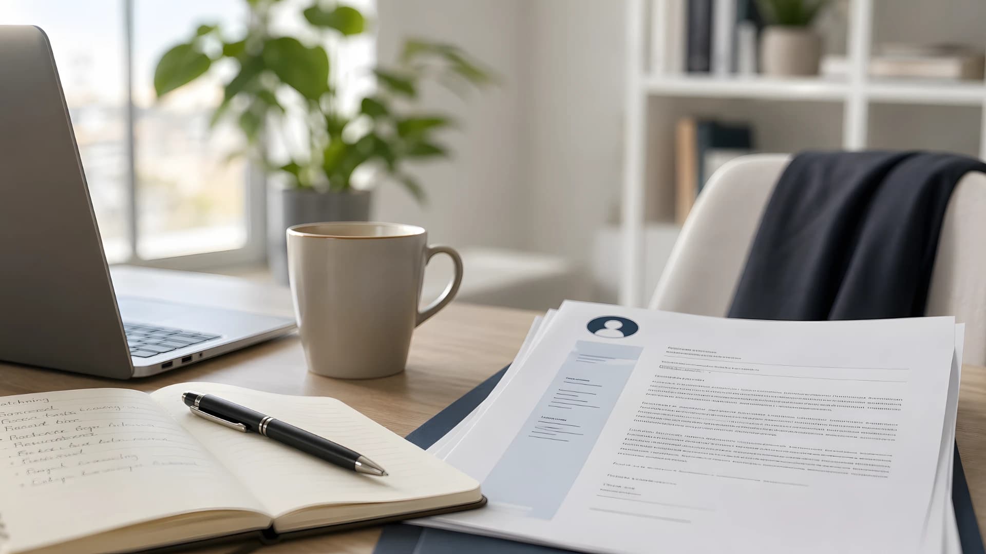 Anteckningsbok, laptop och utskrivna ansökningshandlingar på ett skrivbord i dagsljus