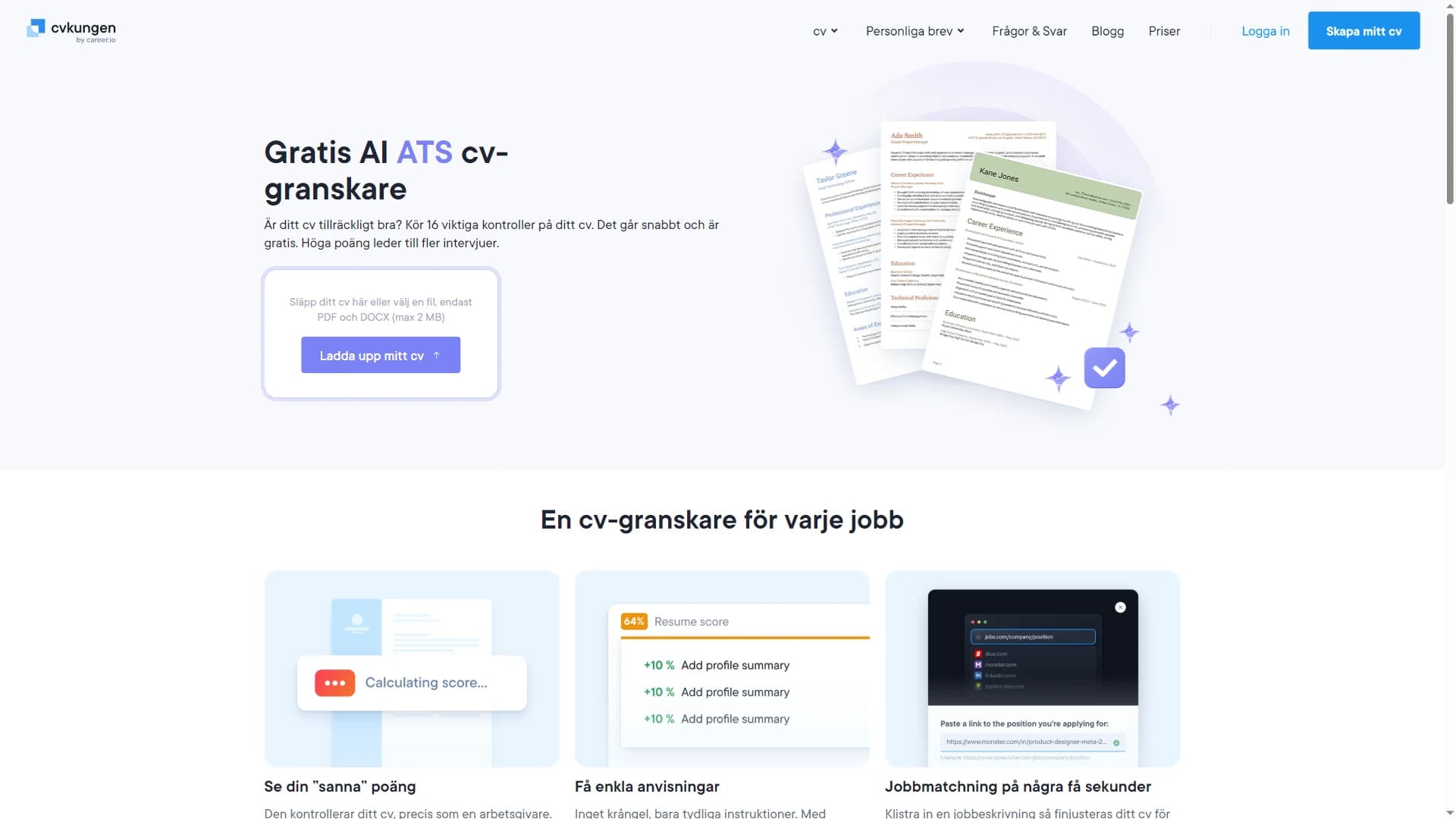 CVkungens gratis CV-granskare med uppladdning och poäng