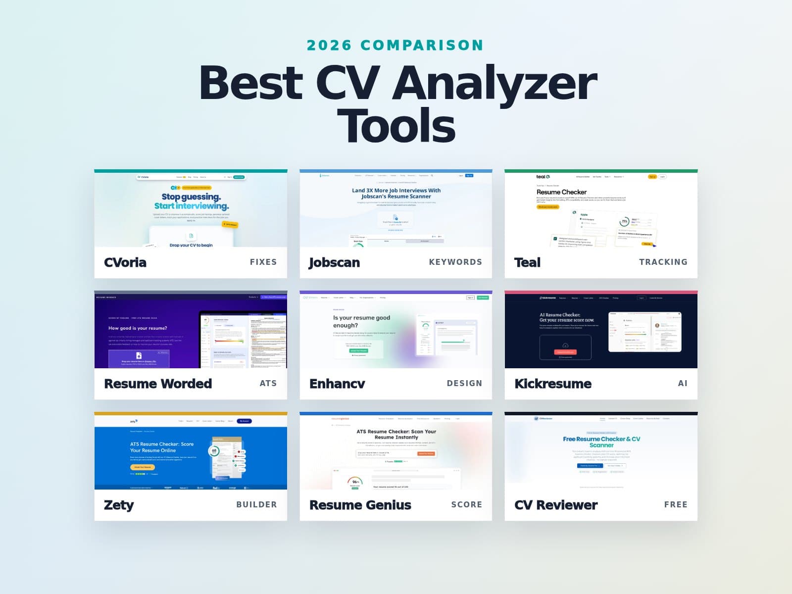 Crop-safe editorial thumbnail showing nine CV analyzer tools in a comparison grid