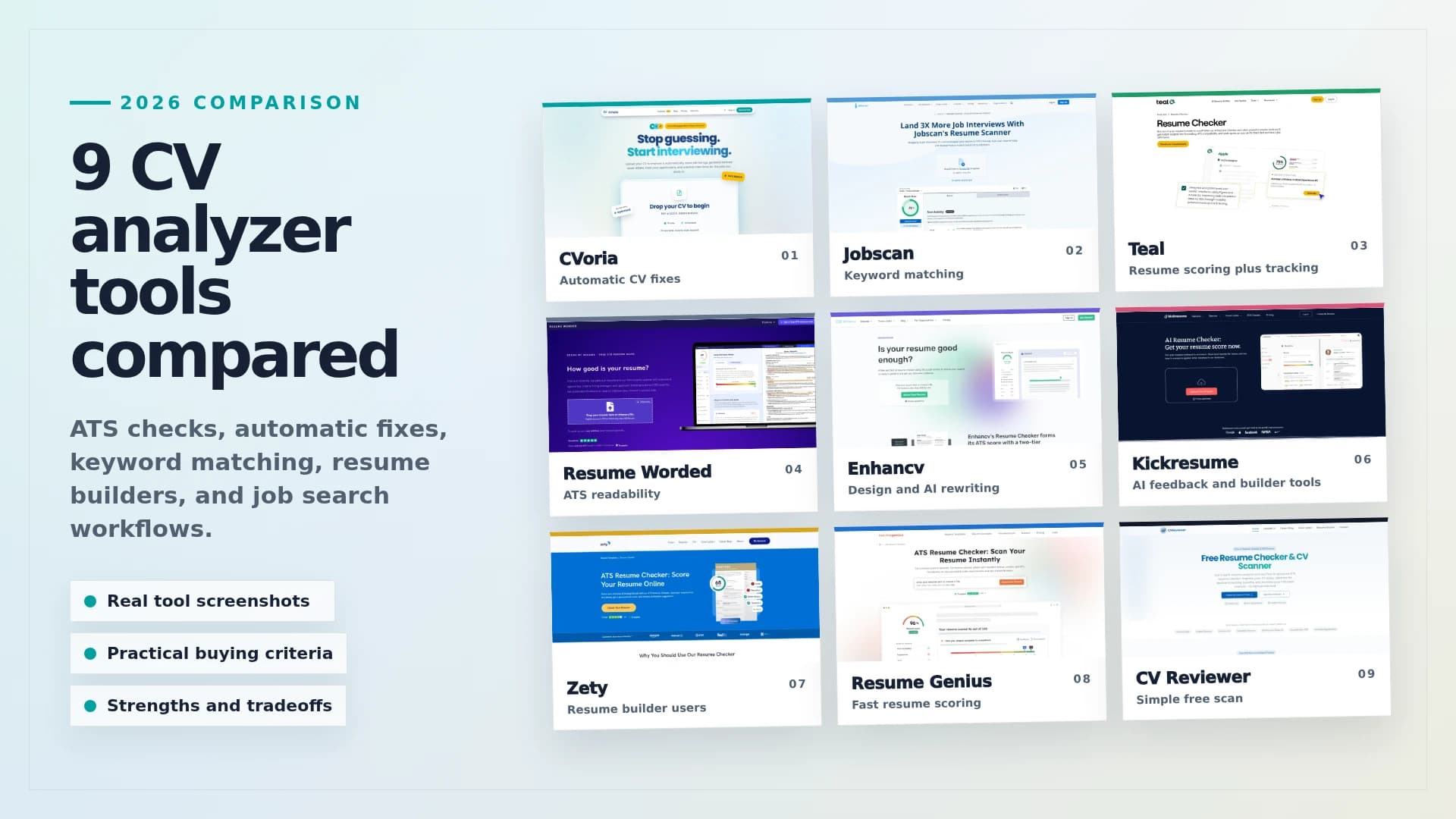 Editorial comparison graphic showing nine CV analyzer tools compared for ATS checks, automatic fixes, keyword matching, resume builders, and job search workflows