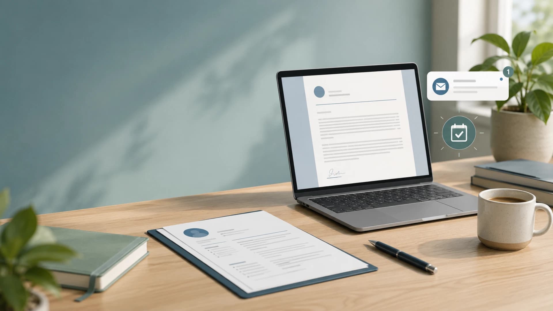 Desk setup with a cover letter draft and resume notes