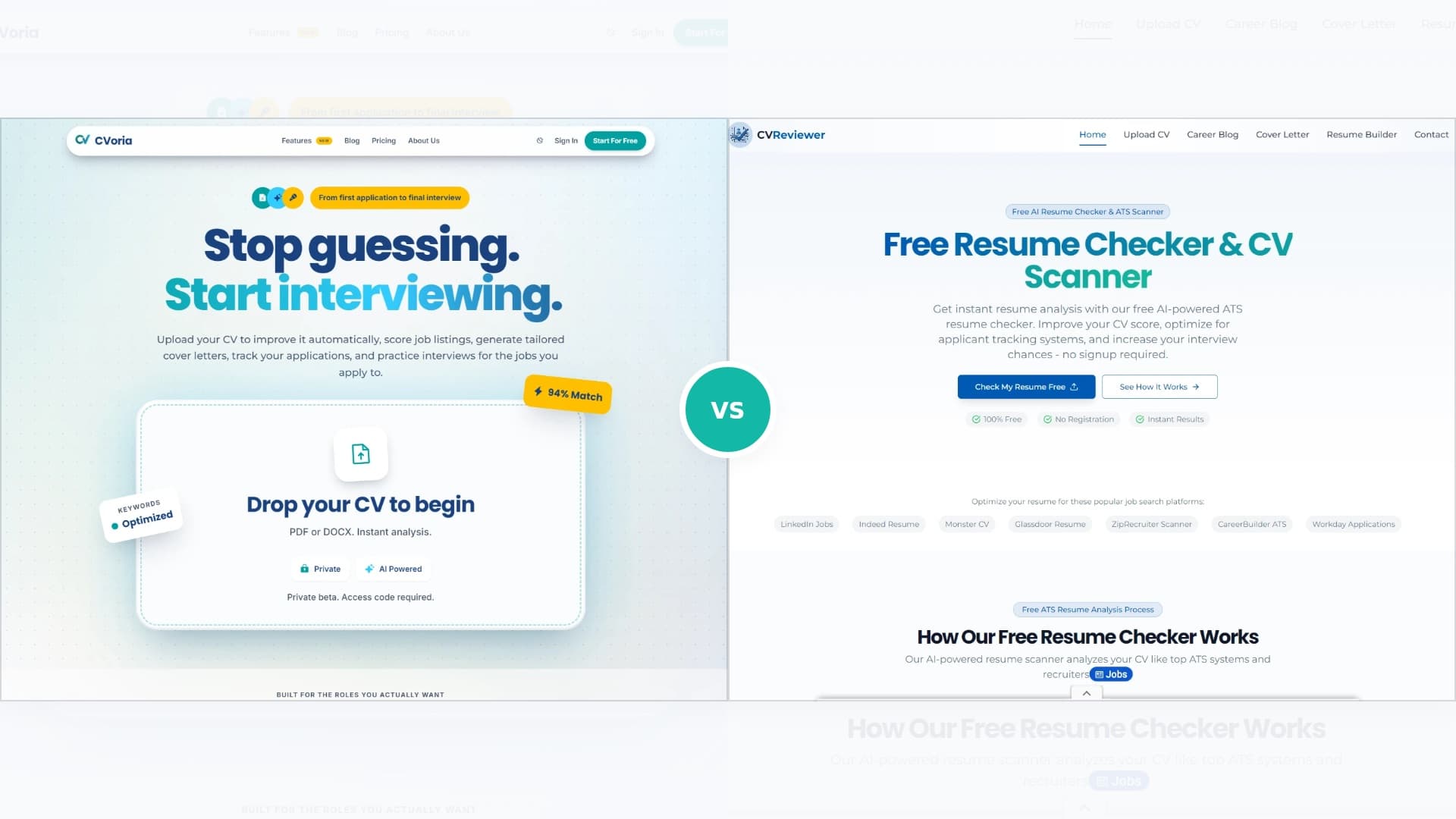 Side-by-side banner comparing CVoria and CV Reviewer product screenshots