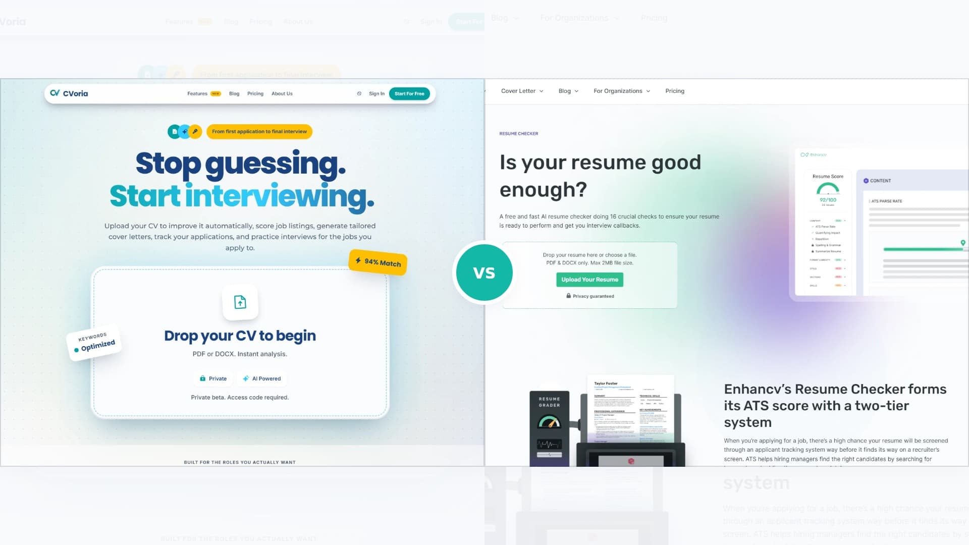 Side-by-side banner comparing CVoria and Enhancv product screenshots