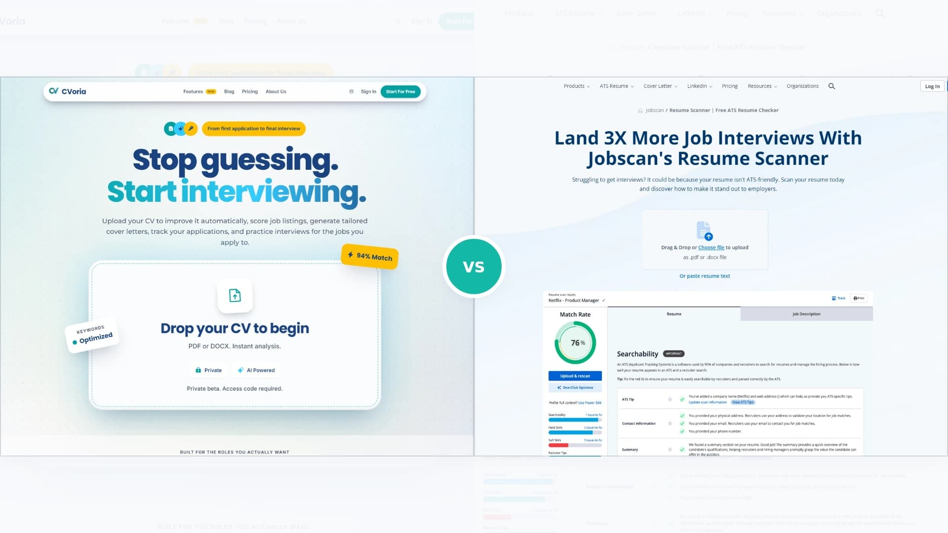 Side-by-side banner comparing CVoria and Jobscan product screenshots