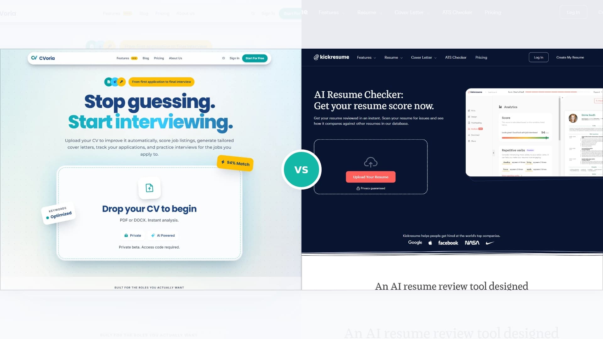 Side-by-side banner comparing CVoria and Kickresume product screenshots
