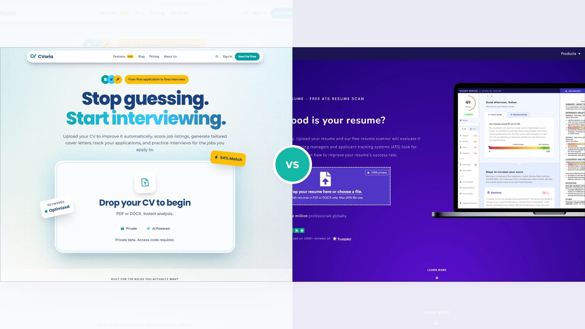 Side-by-side banner comparing CVoria and Resume Worded product screenshots