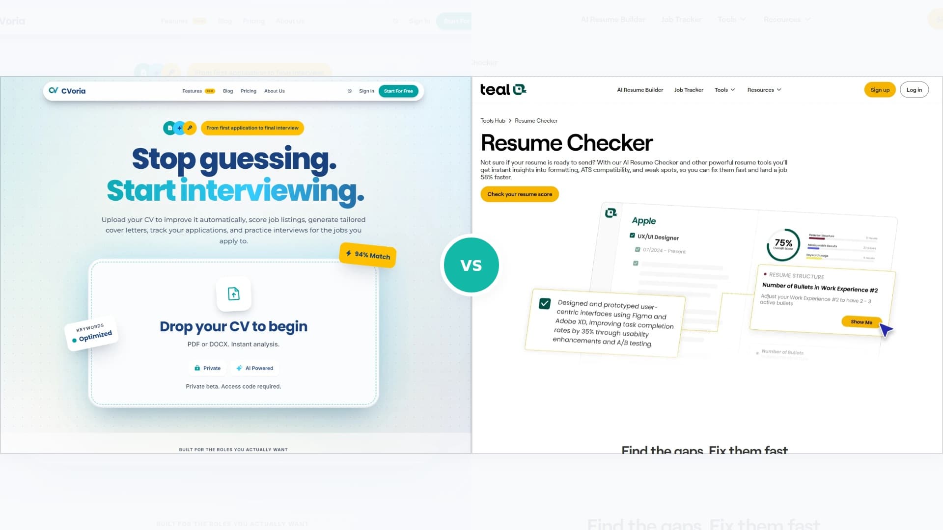 Side-by-side banner comparing CVoria and Teal product screenshots