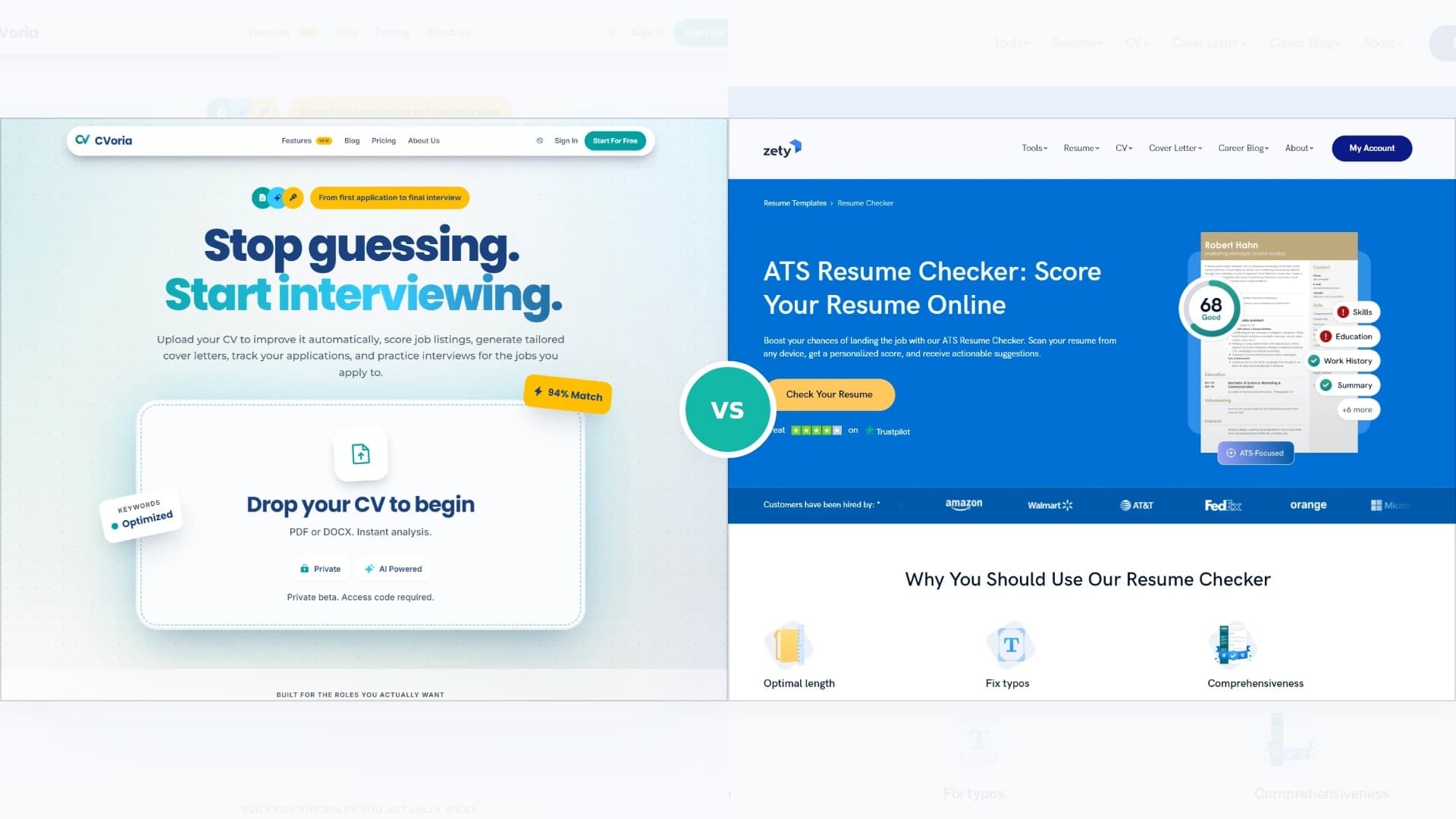 Side-by-side banner comparing CVoria and Zety product screenshots