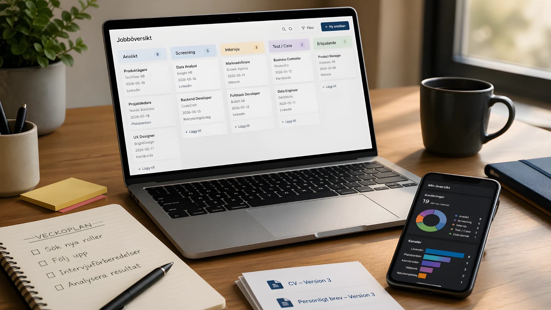 Laptop med svensk jobböversikt och mobil med ansökningsstatistik på ett skrivbord
