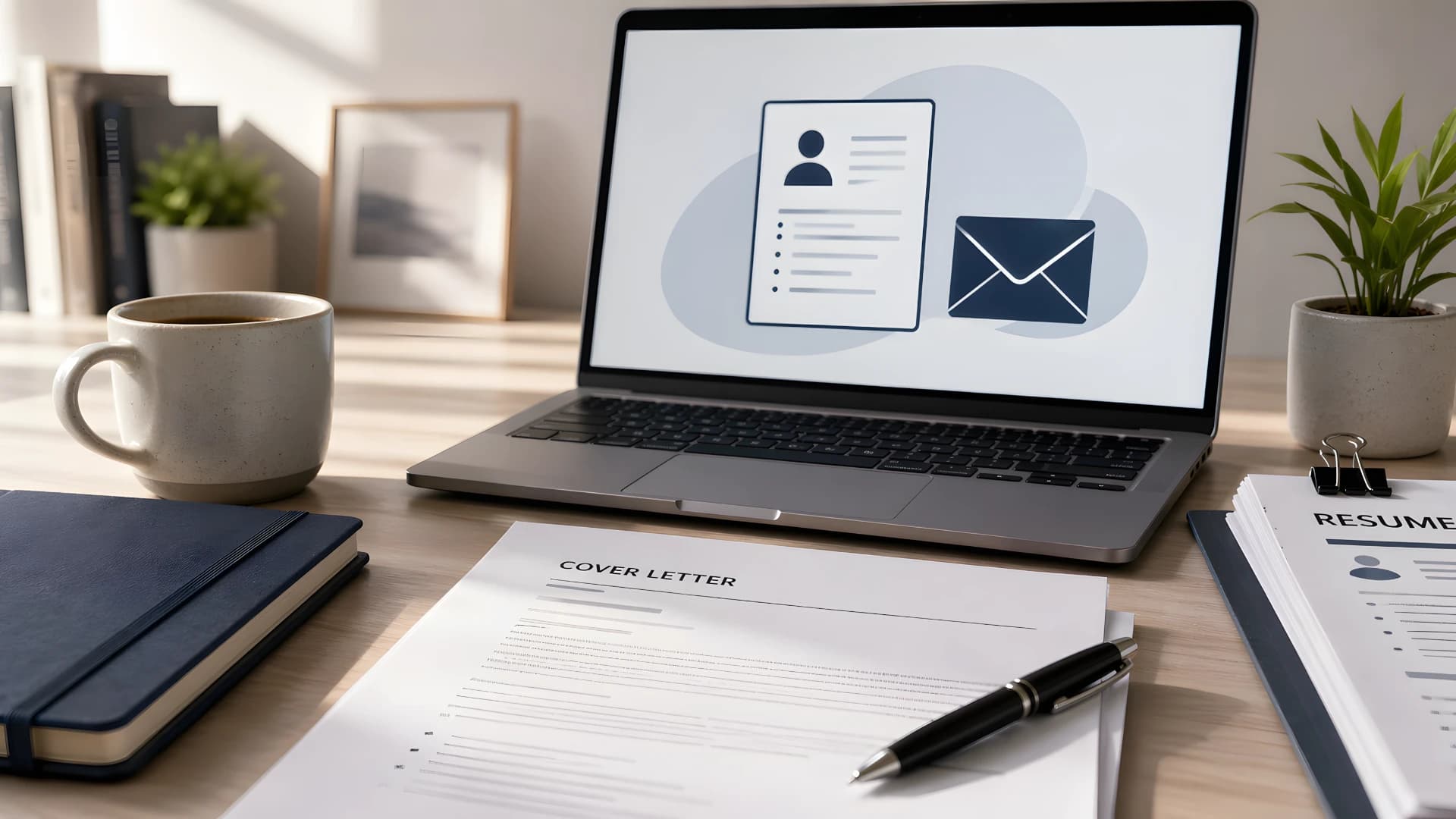 Cover letter draft on a desk beside a laptop screen showing a resume and envelope icon