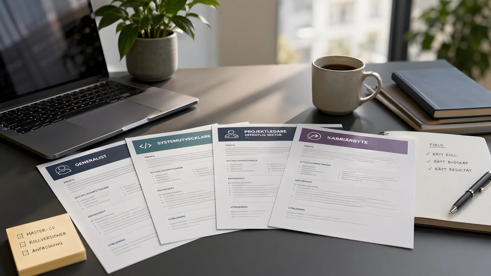 Flera CV-versioner utspridda på ett skrivbord bredvid laptop, kaffe och anteckningar
