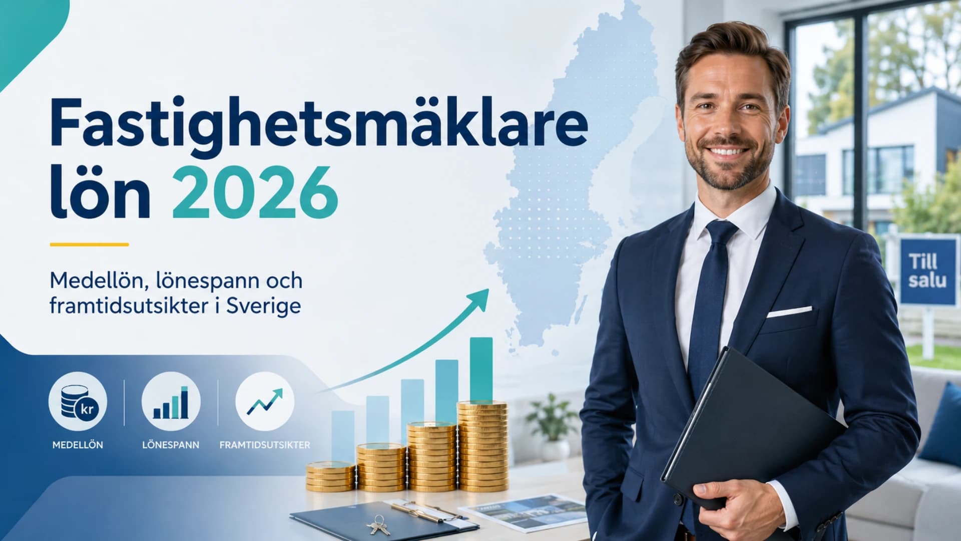 Fastighetsmäklare i bostadsmiljö som symboliserar provision, lön och karriär