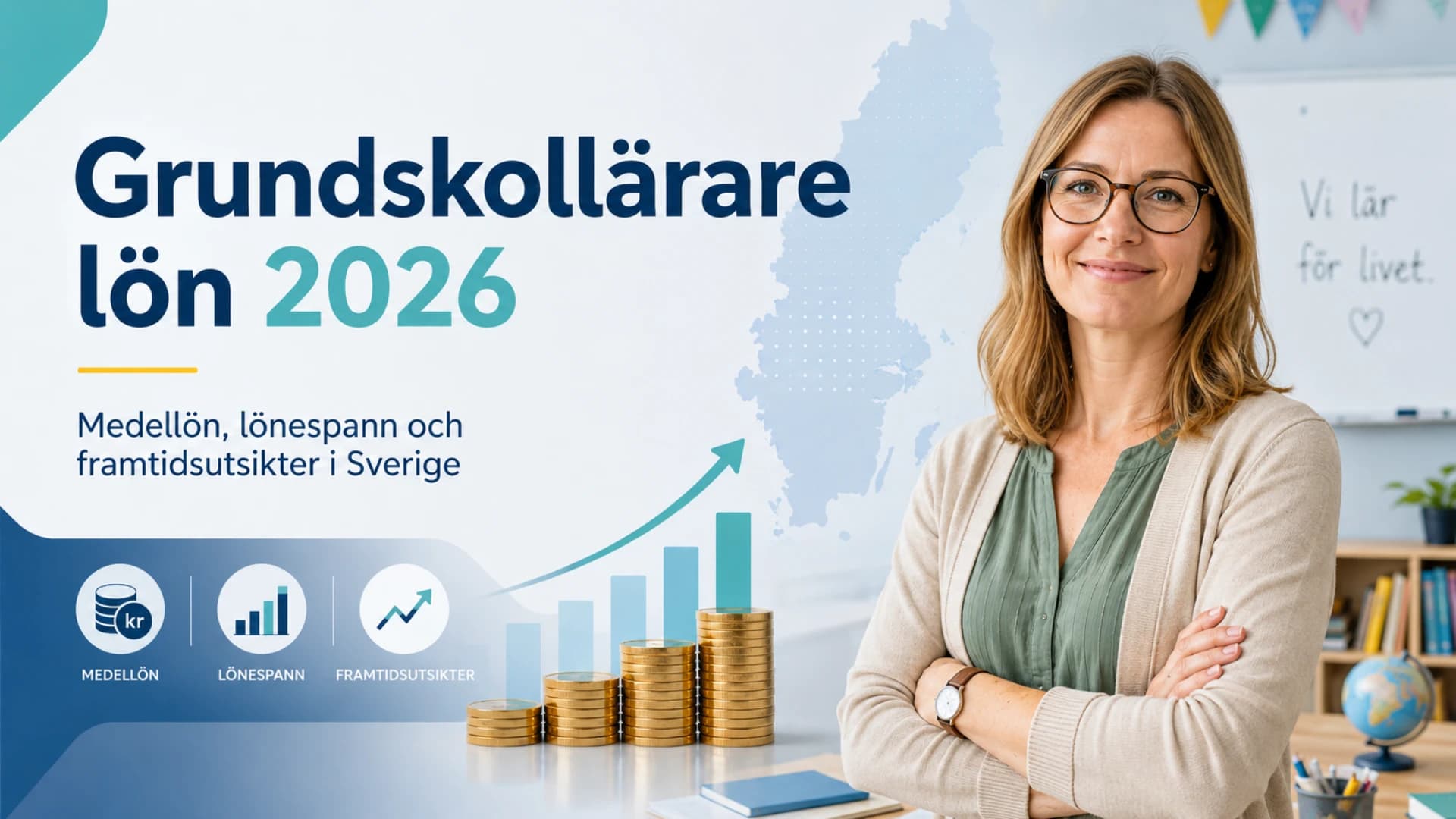Grundskollärare i klassrum som symboliserar lön, behörighet och karriärvägar