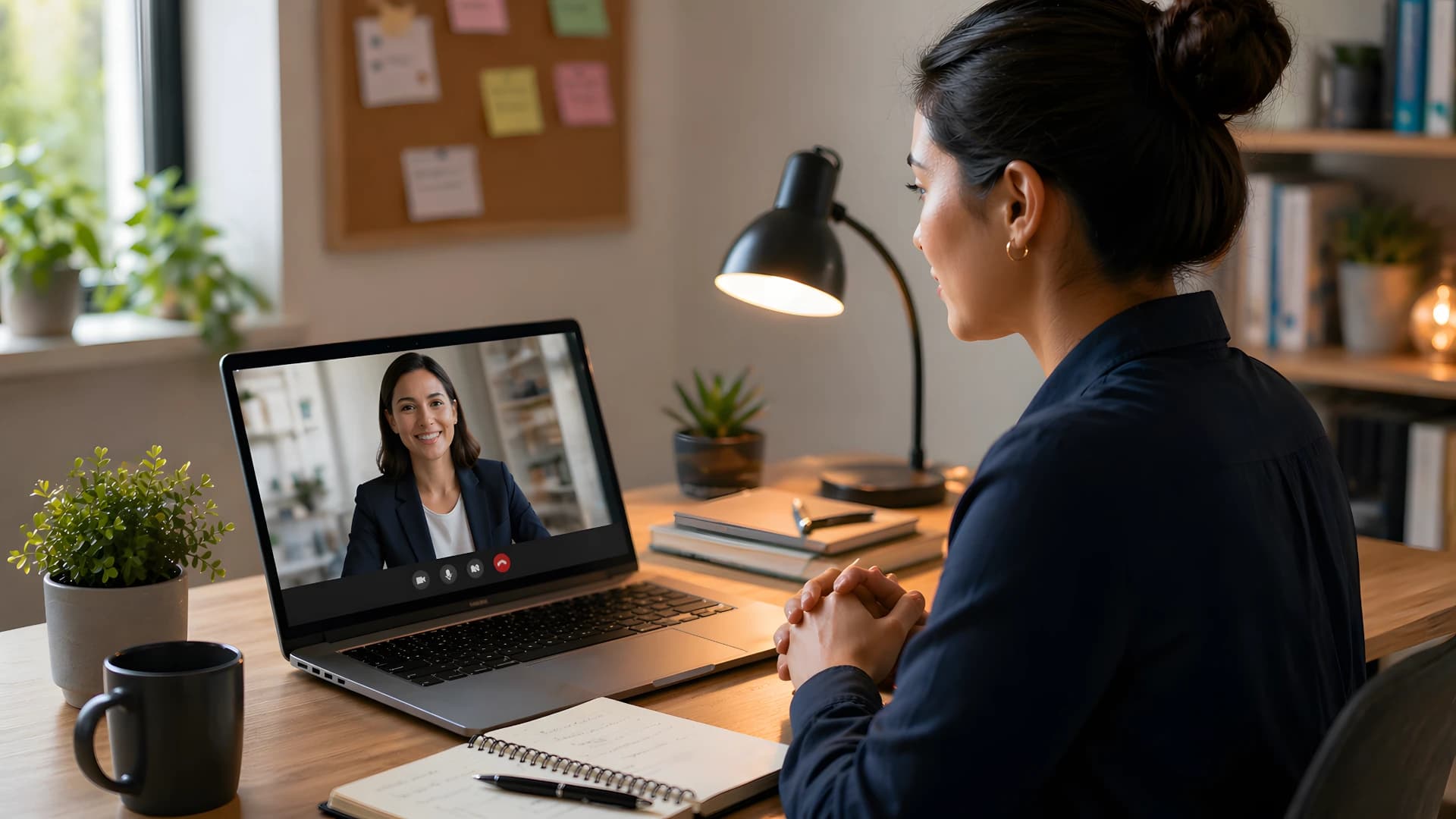 Person sitting at a desk in a video interview with notebook open for preparation notes