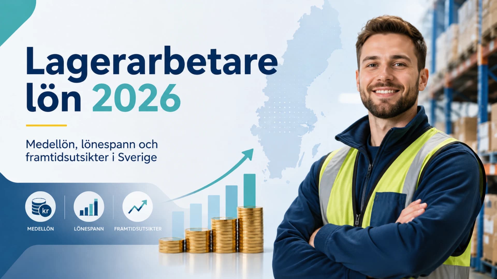 Lagerarbetare i logistikmiljö som symboliserar lön, truckkort och skiftarbete
