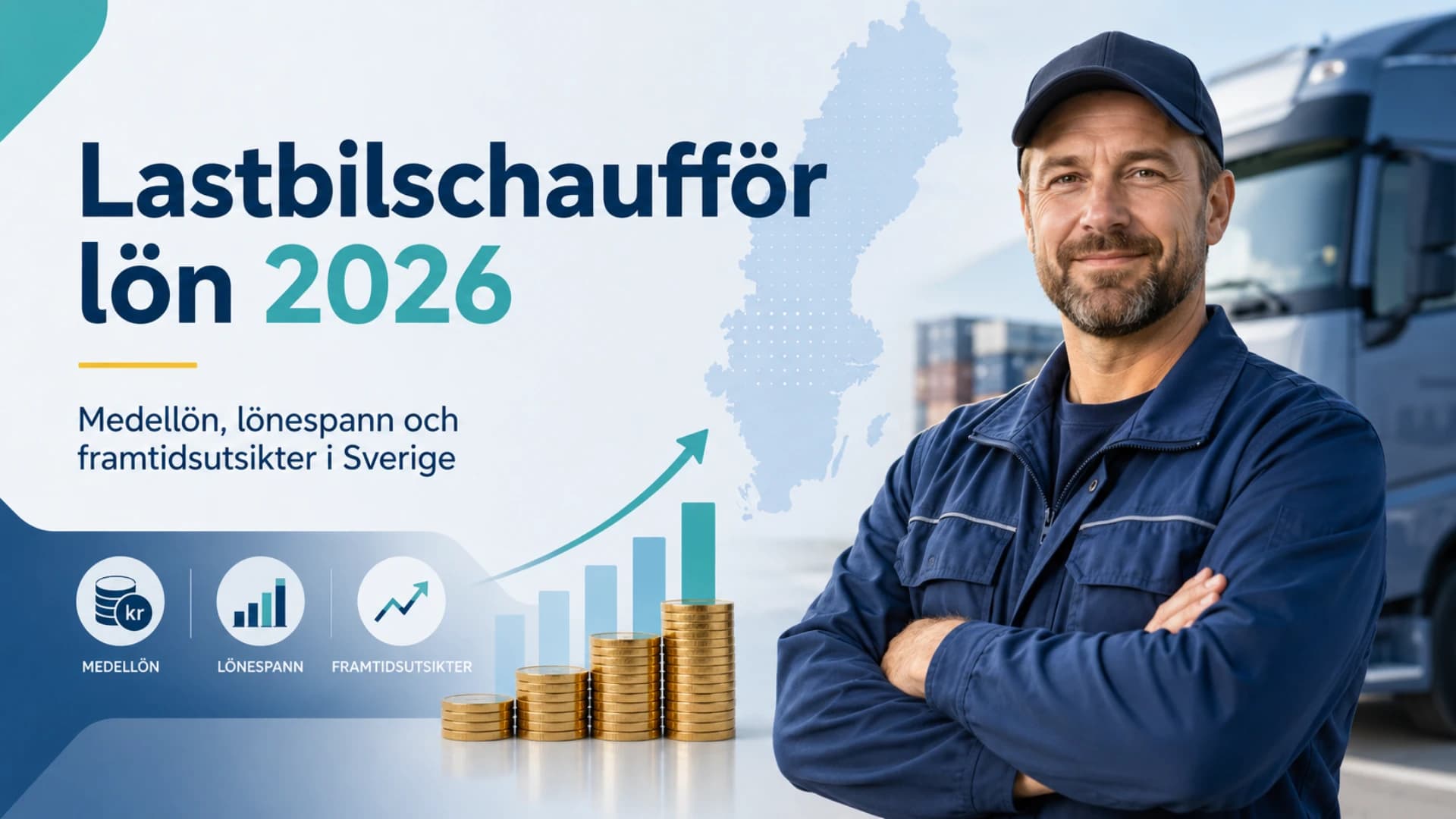 Lastbilschaufför och transportmiljö som symboliserar lön, CE, ADR och yrkesvägar