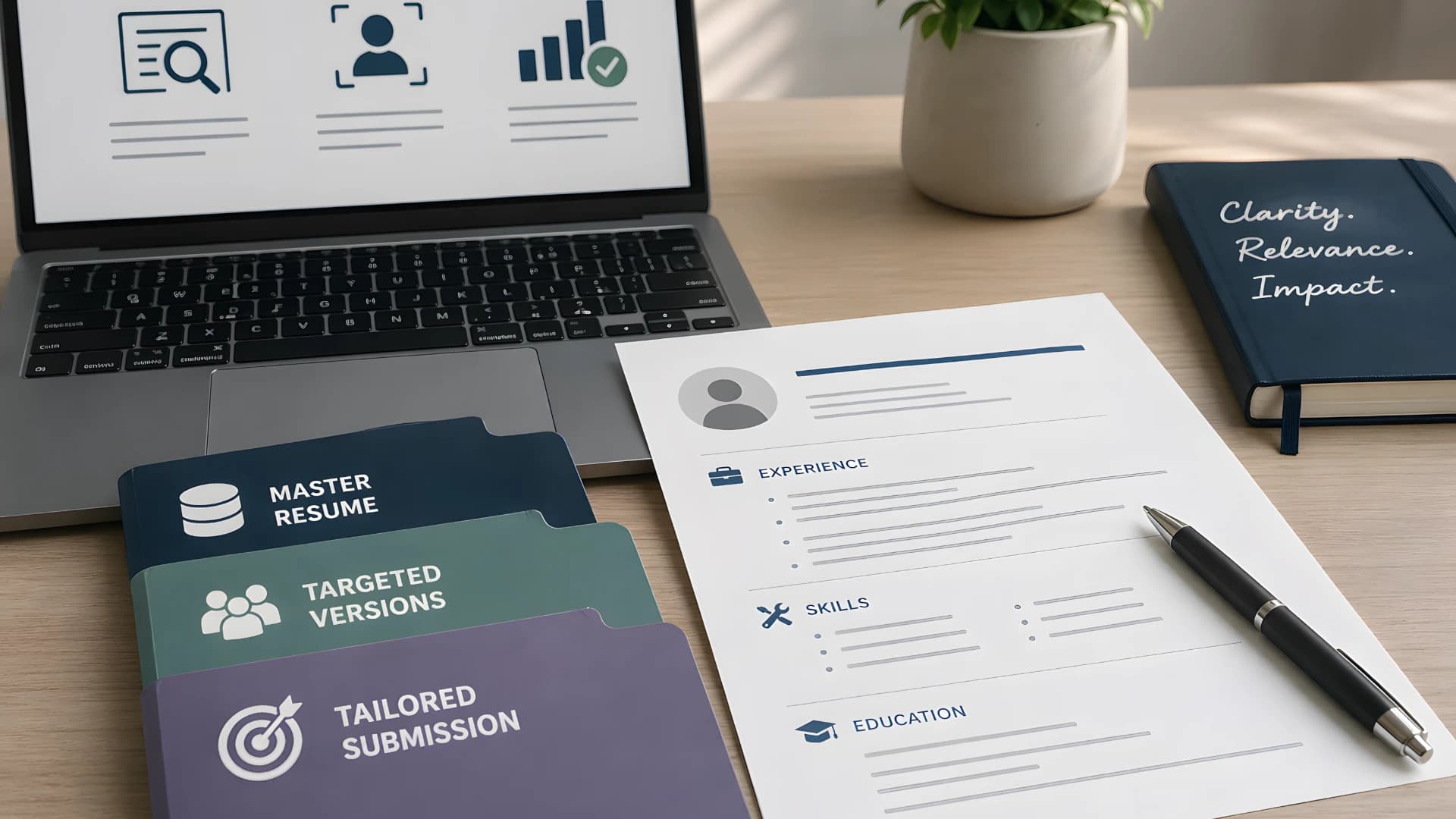 Resume on a desk beside folders labeled master resume, targeted versions, and tailored submission