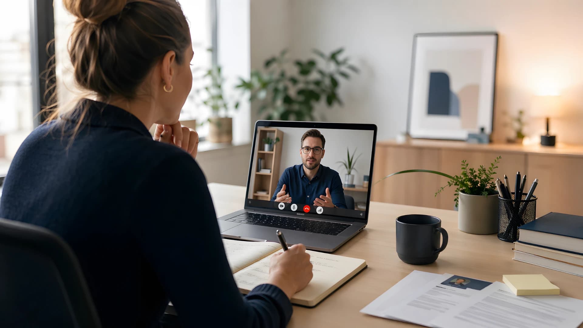 Person tar anteckningar under en videointervju med CV och arbetsyta framme på skrivbordet